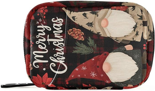 Checkered Christmas Floral Gnomes Travel Pill Organizer Case Box Container Weekly Portable Vitamin Medicine Holder Storage Bag with Zipper Removable