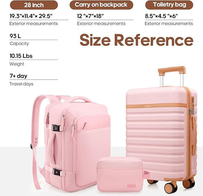 UKEIN Luggage Sets 3 Piece, PC Hardside Checked Luggage 28 Inch With Spinner Wheels with TSA Lock, Large Suitcase Set With Travel Backpack for Men (Pink, 3 piece set (28inch))