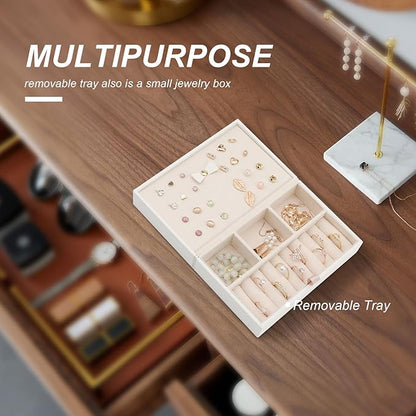 White Jewelry Box - Large Travel Jewelry Case Organizer, 2 Layer Holder, Women's Watch Case