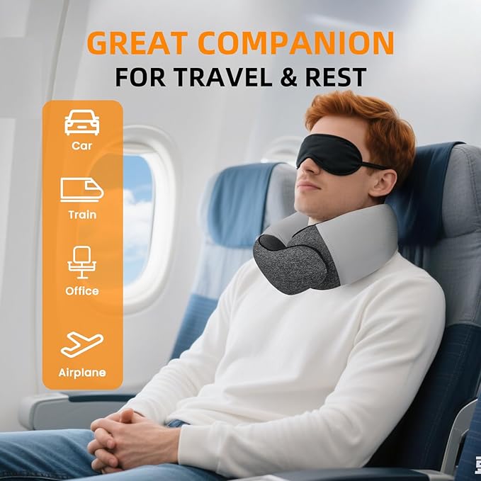 Travel Neck Pillows for Airplanes, Premium 100% Memory Foam Neck Pillow with Alternative Cooling Ice Silk Cover - Upgrade Liner Enables Easy Pillowcase Cleaning, Travel Pillow Fits Plane, Car, Train