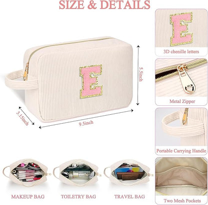 Personalized Initial Makeup Bag Trendy Stuff Corduroy Cosmetic Bag Travel Toiletry Bag, Christmas/Thanksgiving/Halloween Gifts Makeup Organizer Case for Women Girls Mom Girlfriend Wife - White