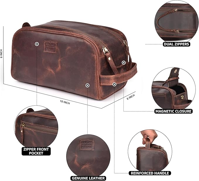 LEATHER VILLAGE Premium Leather Toiletry Travel Pouch With Waterproof Lining - Mulberry Brown | King-Size Handcrafted Vintage Dopp Kit Bag, Shaving & Bathroom Organizer, Gift for Men & Women