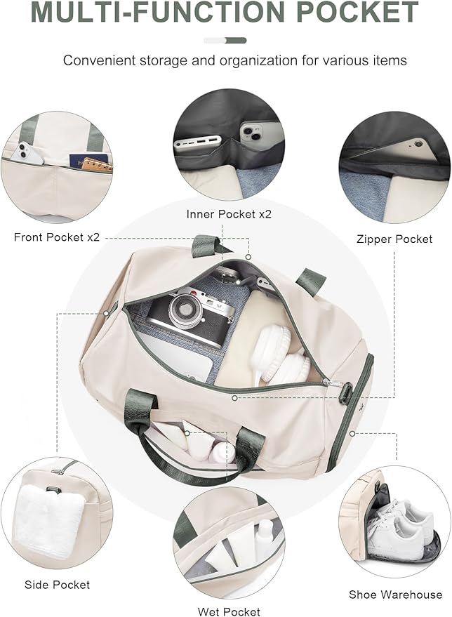 Gym Bag for Women Duffle Bag with Shoe Compartment Yoga Mat Bag Sports Workout Bag Weekend Overnight Bag, Beige Green