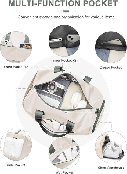 Gym Bag for Women Duffle Bag with Shoe Compartment Yoga Mat Bag Sports Workout Bag Weekend Overnight Bag, Beige Green