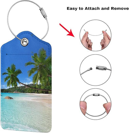 2Pcs Tropical Palm Trees Luggage Tags with Beach Landscape, Beautiful Identifier Labels with Blue Sky Background for Suitcase Baggage Bag, Travel Tags with Privacy Cover Id Card Stainless Steel Loop