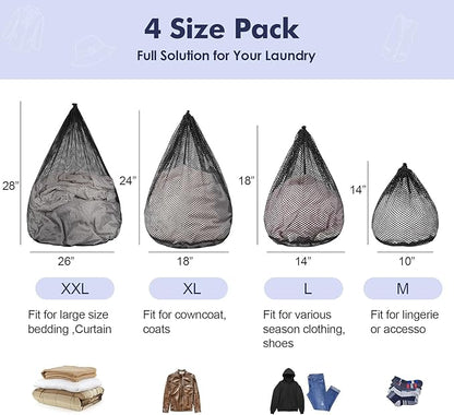 4Pcs Mesh Laundry Bags Washing Machine Mesh Wash Bags Jumbo for Delicates Clothes,Bed Linen,Toys with Drawstring Closure Sturdy (Black, Pack 4 Pcs)