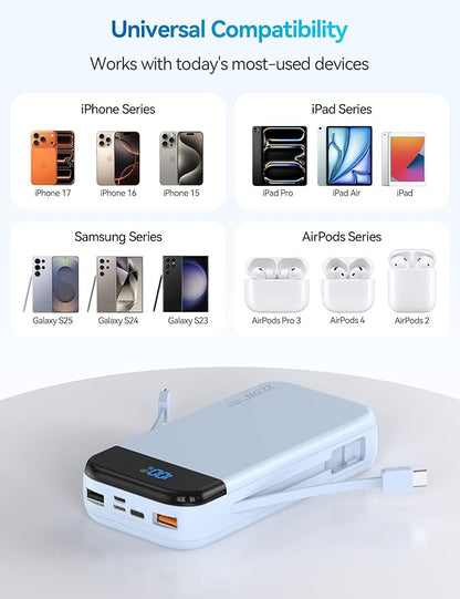 Portable Charger Power Bank 32000mAh with Built in Cables, PD3.0 USB C Fast Phone Charger, 5 Outputs LCD Display Travel Battery Pack Compatible with iPhone, Samsung All Cell Phones (Blue)