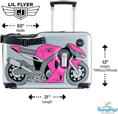 Younglingz LIL FLYER GO Version 2 Ride On Suitcase for Kids | Carry On Luggage with Toddler Seat, Foldable Handlebars, Pedals, and Removable Wheels | Holds up to 80 lbs | Pink Motorcycle | Ages 2-6