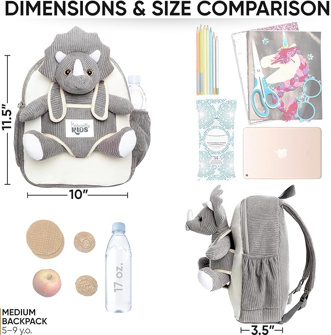 Naturally KIDS Grey Dinosaur Backpack for Boys 4-5, Triceratops Dinosaur Gifts for 4-5 Year Old Boys, Girls, Toddler Backpack