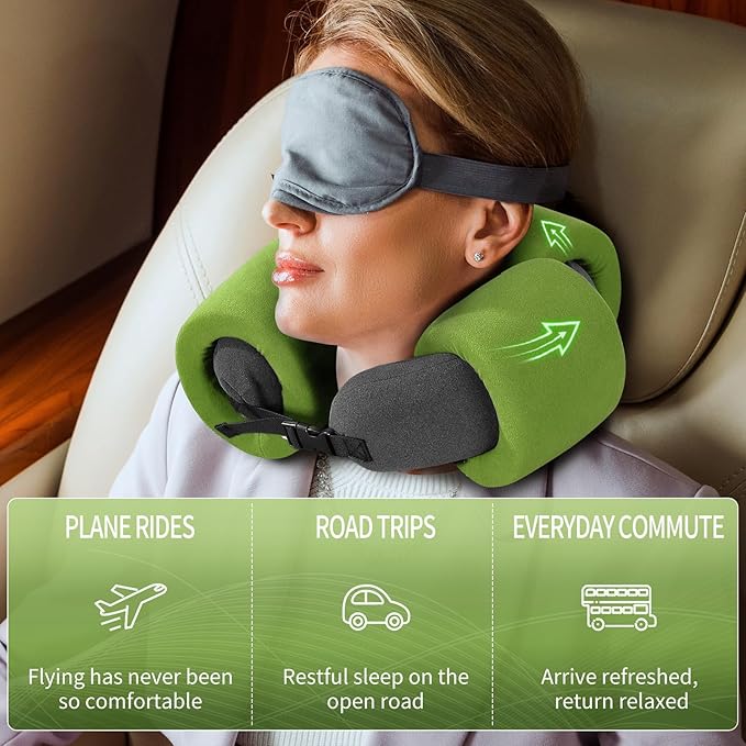 3-Ring Memory Foam Travel Neck Pillow It has obtained a Patent. The Three Rings can be movably Adjusted to Provide Flexible Support for The Neck, Head, and Other Areas.Green