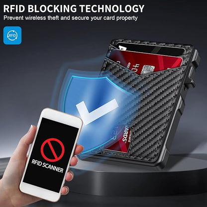 Airtag Wallet for Men, Mens Smart Wallet for Air Tag RFID Blocking, Minimalist Bifold Pop Up Aluminum Credit Card Case Holder 12+ Cards with ID Window, Gift for Men, No Airtag Included, Carbon Fiber