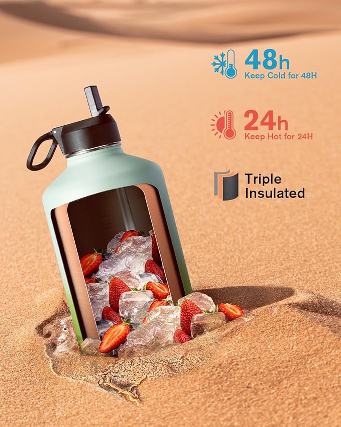 Coolflask 128 oz Gallon Water Bottle Insulated with Straw&3 Lids, Water Jug Large Stainless Steel Metal Vacuum Wide Mouth for Sports, Gym or Office, Non-BPA Keep Cold 48H Hot 24H, Ombre Green