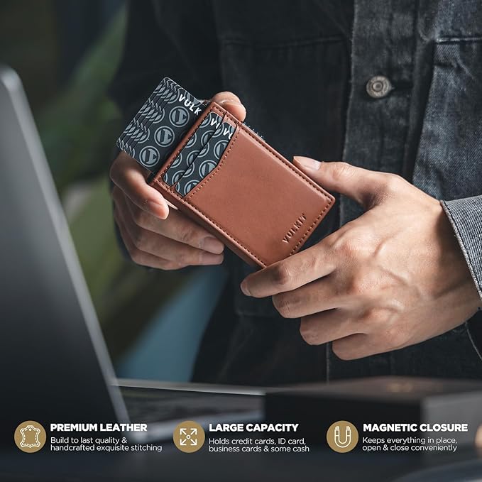VULKIT Men's Wallet with ID Window Premium Leather Wallets RFID Blocking Minimalist Wallet Pop Up Card Holder Magnetic Closure