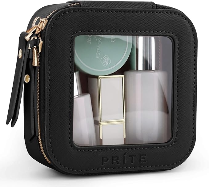 Prite Mini Clear Makeup Bag for Purse Cute Small Travel Cosmetic Bag for Women Waterproof Toiletry Bag Leather Makeup Pouch with Gold Zipper(Black)