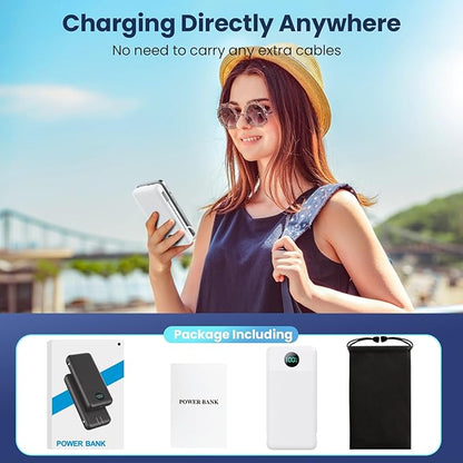 Portable Charger 33800mAh USB C Power Bank with Built-in Cables & AC Wall Plug,25W Fast Charging+QC 4.0 Phone Charger,4 Output Travel Essentials Battery Pack for iPhone16/15/14/13,Samsung,Android etc