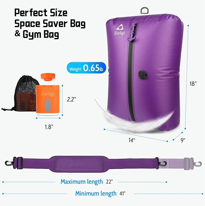 Zurligi Vacuum Bags for Travel with Pump, Vacuum Compression Bag with Adjustable Shoulder Strap, IP67 Reusable Vacuum Packing Cubes for Luggage, Backpack, Suitcase, Yoga, Swim, Beach
