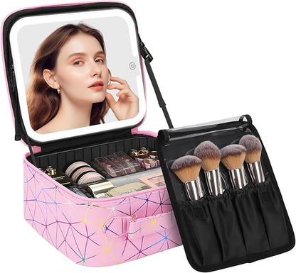 Chomeiu Makeup Bag with LED Mirror, Cute Cosmetic Bags Birthday Gifts for Girls Women, Makeup Train Case Artists Organizer Large Make Up Bags with Light Up Mirror 3 Color Lights, Pink Geometry
