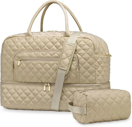 50L Large Travel Duffle Bag for Women, Weekender Overnight Bag W/Shoe Compartment+Wet Pocket+Toiletry Bag TSA Approved, Khaki