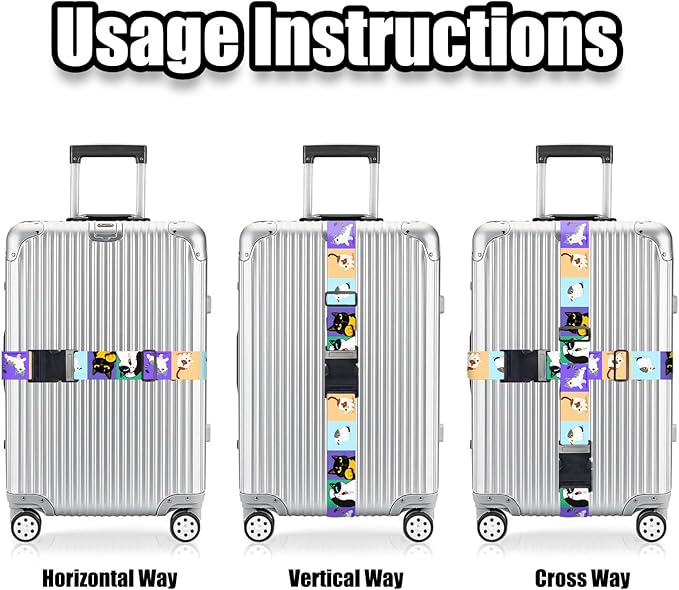 Nuxovilar Luggage Straps of 2 Set Cartoon Cats Pattern, 1.96x90.5 inches - Luggage Straps for Suitcases, Perfect for Pet Lovers, Family Trips, Casual Travel