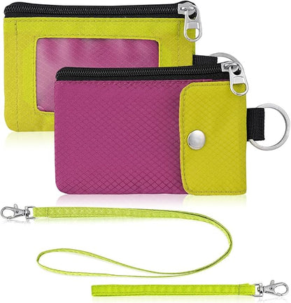 Minimalist Wallet For Mens Womens, Keychain RFID Blocking Zipper Small Wallet with ID Window 2 Lanyards,Water Resistant Travel Cash Card Coin Case Boys Girls