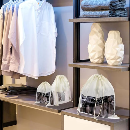 16 PCS Purse Dust Bags for Handbags Dustproof Drawstring Storage Bag with Clear Window, Non Woven Fabric Travel Shoe Storage Bag Beige Dust Cover Fabric Handbag Pouch Covers with Assorted Sizes