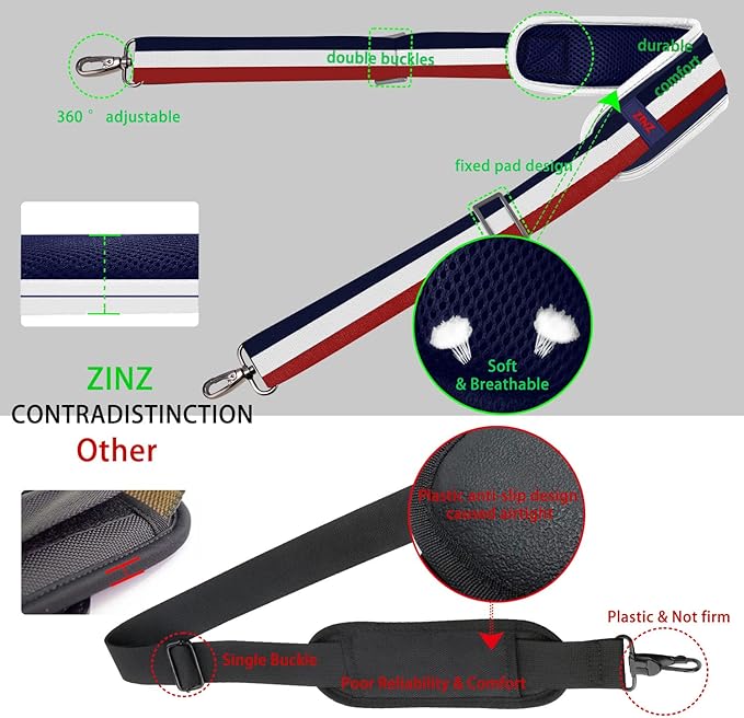 ZINZ 79 inch Shoulder Strap, Extra-thick Fixed Cushion Pad and Dual Clasps Universal Replacement Strap with Metal Swivel Hooks for Laptop Bags, Luggage Bags, Camera, Crossbody(Stripes-BuWRd)