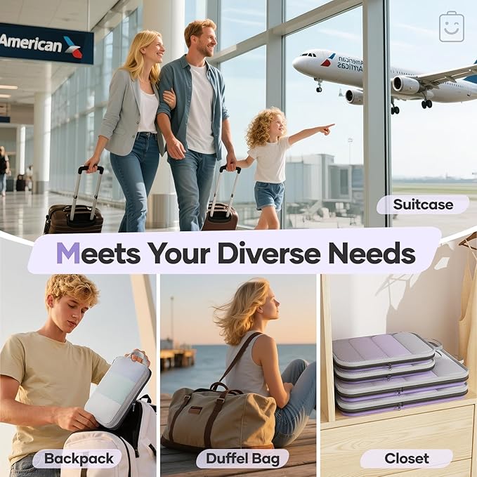 Veken 11 Set Compression Packing Cubes for Travel Essentials,Compressible Expandable Large Luggage Suitcase Organizer Bags for Clothing,Durable Space Saver Storage Bags(Light Purple)