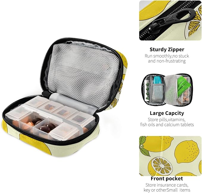 Pill Organizer Box Case Weekly Travel Pill Container Cute Pill Holder 7Day Vitamin Organizer Pill Dispenser Sorter Planner Storage Small Compact Lemon Pill Cases
