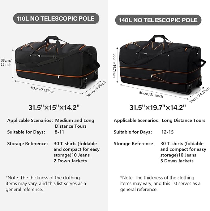 Vomgomfom 32" Soft-Sided Foldable Wheeled Travel Duffel Bag,Expandable 110L to 140L Rolling Cargo Bag with 2 Wheels and Multiple Pockets,Black-orange