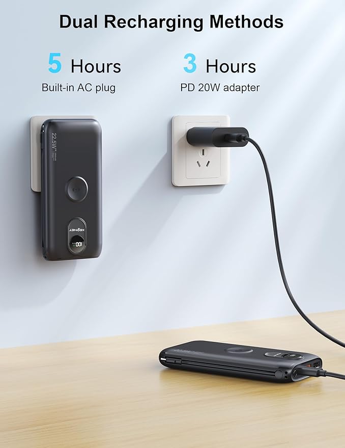 Portable Charger, 10000mAh 22.5W Fast Charging Power Bank with Built in Cable & Wall Plug, Travel Essential Battery Pack with LED Display, External Charger for iPhone, iWatch 11/10/9/8/Ultra/SE Black