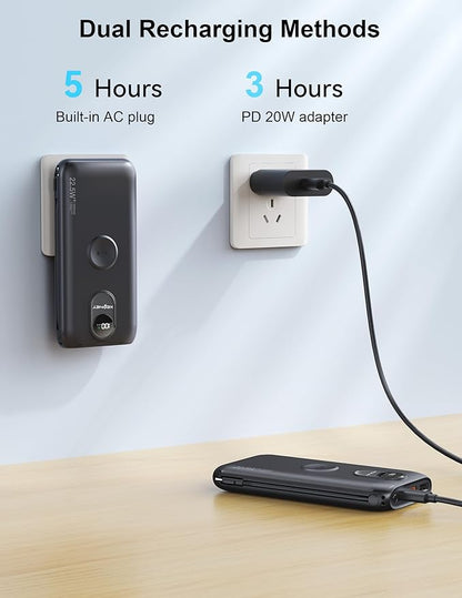 Portable Charger, 10000mAh 22.5W Fast Charging Power Bank with Built in Cable & Wall Plug, Travel Essential Battery Pack with LED Display, External Charger for iPhone, iWatch 11/10/9/8/Ultra/SE Black