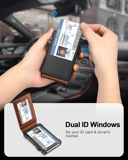 Wallet for Men RFID Wallet with 2 ID Windows & Money Clip, Slim Pop Up Card Holder for 10-12 Cards, Bifold Minimalist Smart Wallet for Front Pocket, Compact Metal Credit Card Holder, Gifts for Men
