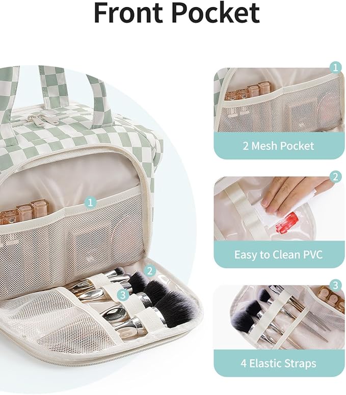 Narwey Travel Toiletry Bag, Wide-open Large Toiletry Bags for Traveling Women, Checkered Travel Bag for Toiletries Cosmetic Makeup Bag Organizer, Skincare Make Up Bag (Mint Green Checkerboard)