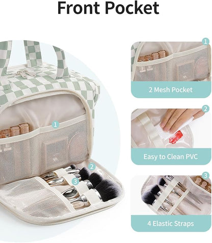Narwey Travel Toiletry Bag, Wide-open Large Toiletry Bags for Traveling Women, Checkered Travel Bag for Toiletries Cosmetic Makeup Bag Organizer, Skincare Make Up Bag (Mint Green Checkerboard)