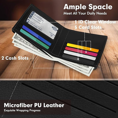 Genuine Leather Slim Bifold Wallet for Men, RFID Blocking Minimalist Design with ID Window and 6 Card Slots (Black)
