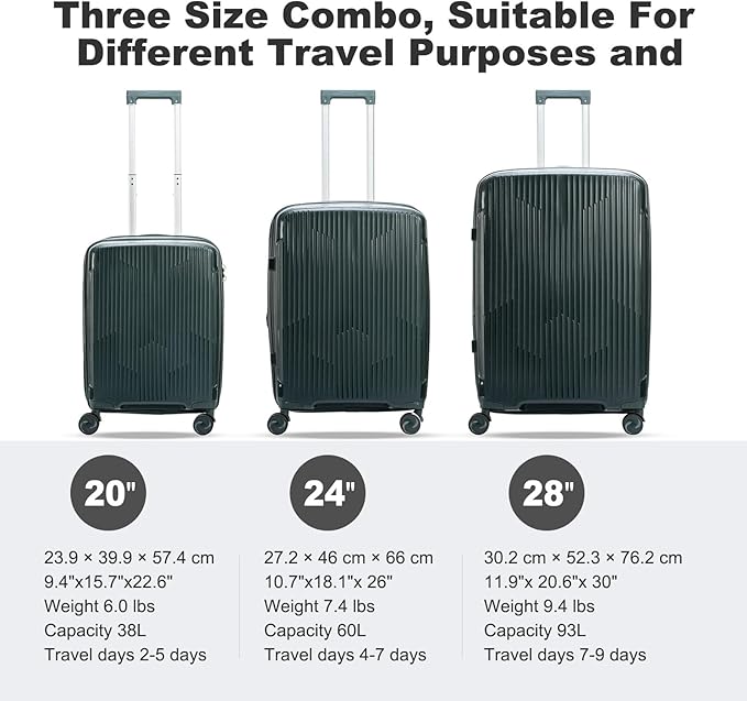 Nazhura Luggage Set, 3-Piece Hardside Suitcase Set, 20-inch Carry On, 24-inch, 28-inch Luggage
