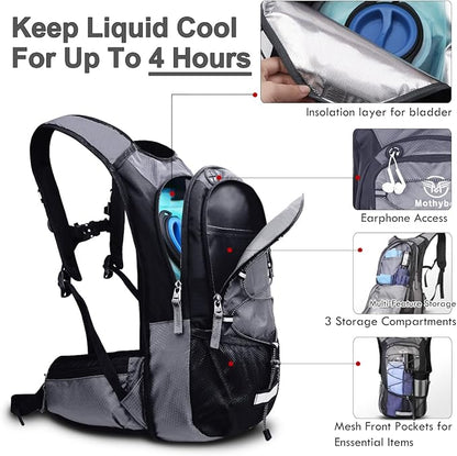 Insulated Hydration Backpack Pack with 3L BPA Free Leak Proof Water Bladder, Large Storage Lightweight Hiking Daypack with Waist Pouches & Cooler Layer, for Running, Biking, Camping, Festival