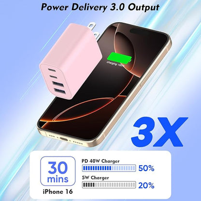 3Pack 4-Port USB C Fast Charging Block,40W iPhone 16 Charger Adapter for PD Power Adapter & QC Wall Plug,Multiport USB C Charging Block Apple Cube for iPhone 17/17 Pro/Air/16/15 Pro Max/14/13/12(Pink)