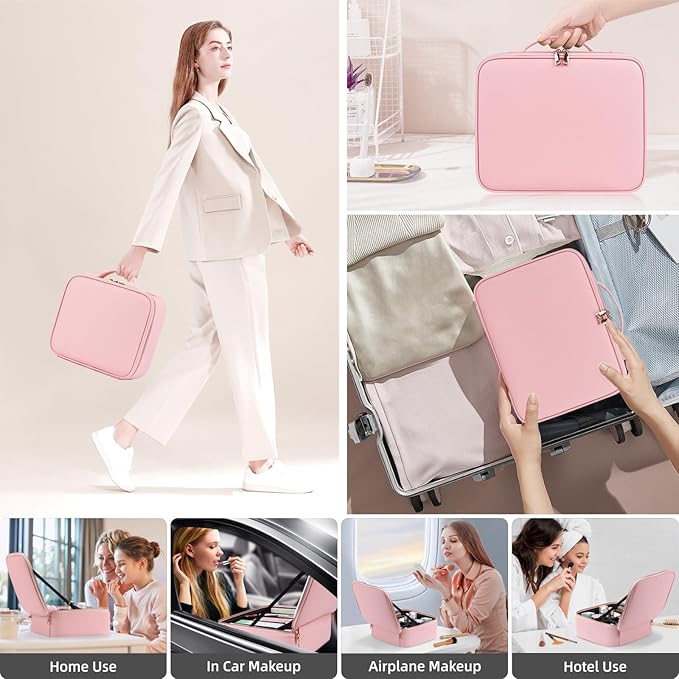 Makeup Case with Mirror and Lights, Travel Makeup Bag with Lighted Mirror, Make up Case with LED Mirror & Adjustable Dividers, Portable Cosmetic Organizer Bag Gift for Women(Pink)