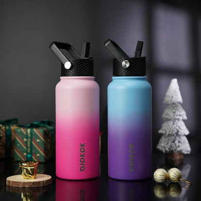 BJPKPK 2 Pack Insulated Water Bottles with Straw Lids, 27oz Stainless Steel Metal Water Bottle with 6 Lids, Leak Proof BPA Free Jugs, Cups, Flasks for Travel, Sports (Cherry+Ocean Dream)