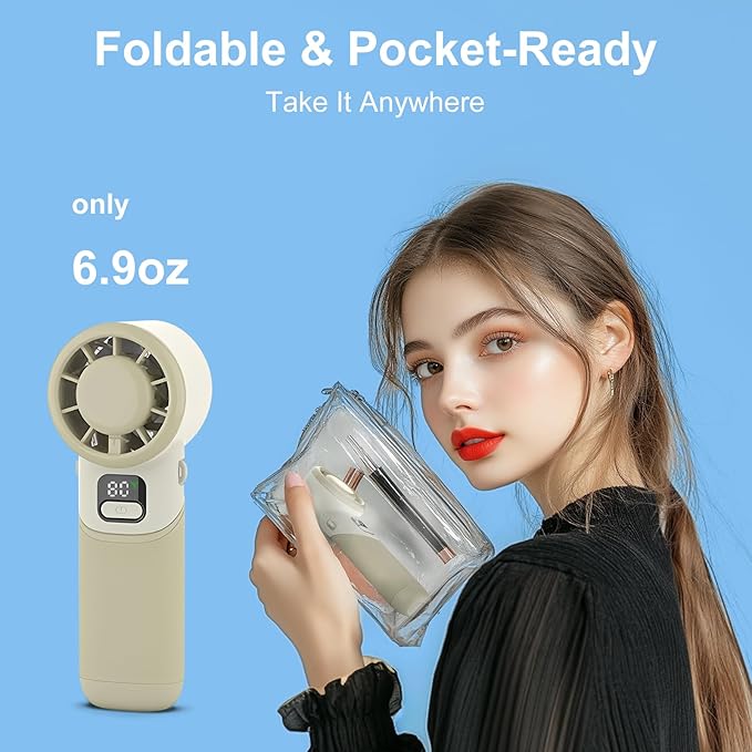 Portable Handheld Turbo Fan, USB Rechargeable Personal Mini Fan, LED Display, 5 Speed, 10H Cooling Time, Foldable Design, Powerful Turbo Small Pocket Fans for Travel, Outdoor, Office, Beach