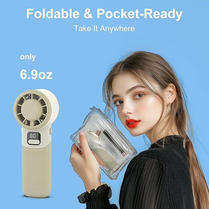 Portable Handheld Turbo Fan, USB Rechargeable Personal Mini Fan, LED Display, 5 Speed, 10H Cooling Time, Foldable Design, Powerful Turbo Small Pocket Fans for Travel, Outdoor, Office, Beach