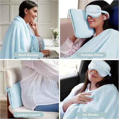 Travel Blanket, 3-in-1 Ultra-Soft, Warm & Lightweight Travel Blanket Airplane with Bag, 65x40 in, Airplane Travel Essentials for Women, Men & Kids with Eye Mask, Luggage Sleeve & Backpack Clip