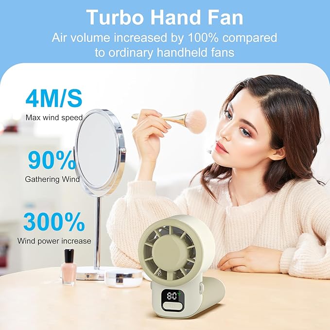 Portable Handheld Turbo Fan, USB Rechargeable Personal Mini Fan, LED Display, 5 Speed, 10H Cooling Time, Foldable Design, Powerful Turbo Small Pocket Fans for Travel, Outdoor, Office, Beach