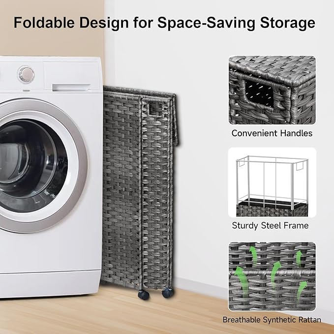 88L Slim Laundry Hamper with Wheels, 23.3 Gallon Rolling Laundry Basket with Lid, Tall and Narrow Laundry Hamper with 2 Removable Liner & 3 Mesh Bags, Laundry Sorter for Bathroom, Grey