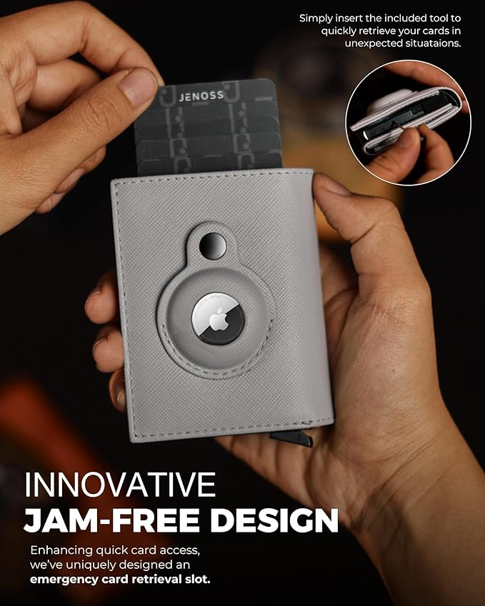 Jenoss Smart AirTag Wallet for Men & Women: Full Grain Leather, Handcrafted, Pop Up Case, Slim, RFID Blocking, Credit Card Holder, Apple Air Tag Tracker Minimalist 9-12 Slot | ID & Cash (Black& Grey)