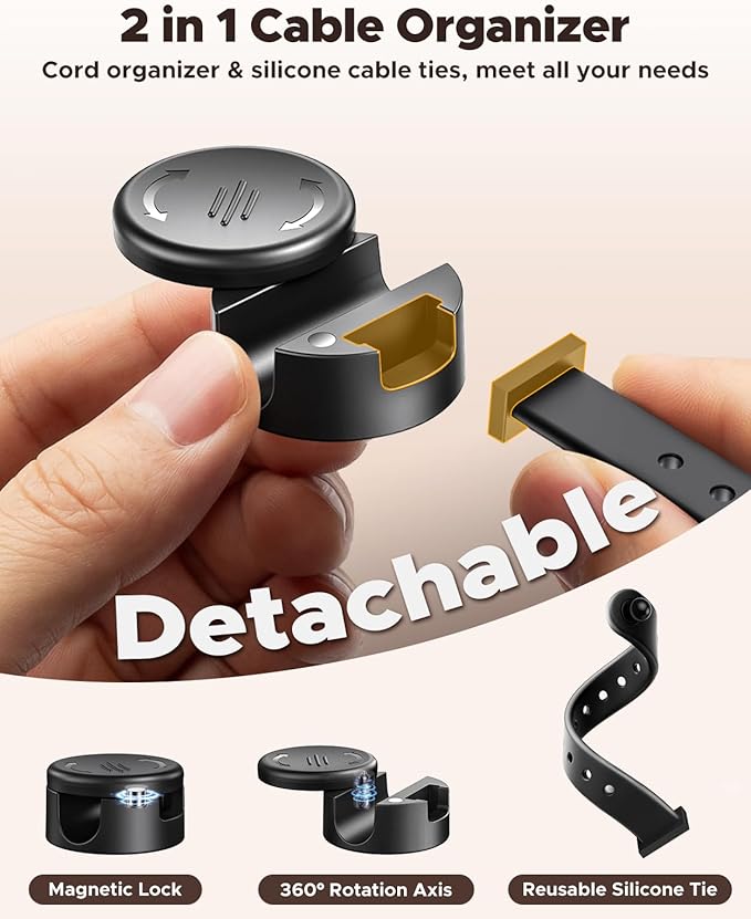 8 Pack Cord Organizer Clips with Silicone Cable Ties [2 in 1], Magnetic Cable Organizer [Smooth Adjustable & 1s Lock], Strong Adhesive Cord Holder Wire Organizer Keeper for Nightstand Desk