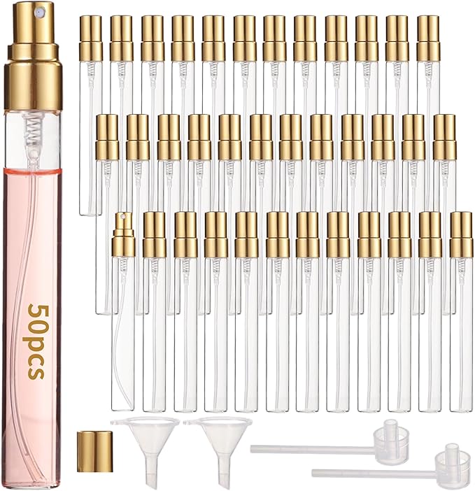50 Pcs 10 ml Perfume Bottles - Refillable Glass Mini Spray Bottles, Portable Travel Sample Containers, Fine Mist Atomizers with Caps, Includes 2 Funnels and 2 Dispensers, Ideal for Liquids, Gold