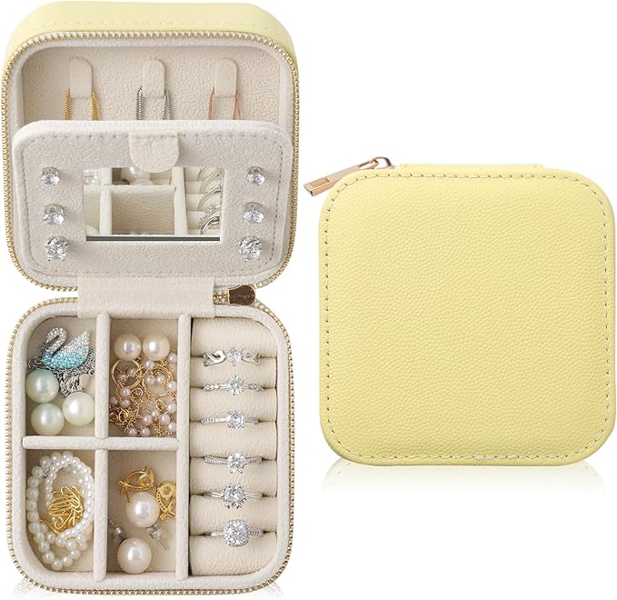 Genuine Leather Travel Jewelry Case Organizer with Mirror for Women, Small Jewelry Box Portable Mini Jewelry Case for Earring, Ring, Necklace, Bracelet（Caviar Grain Light Yellow）