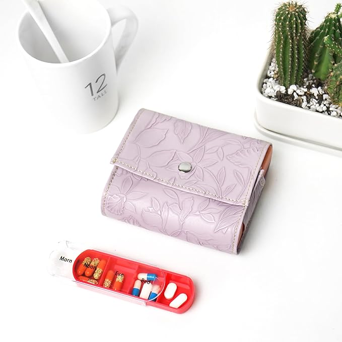 Pill Organizer,LIZIMANDU Weekly Travel Pill Case Box Medication Reminder Daily AM PM, Day Night 7 Compartments,for 4 Times A Day, 7 Days a Week-Includes Leather PU Carrying Case(1-Carved Purple)